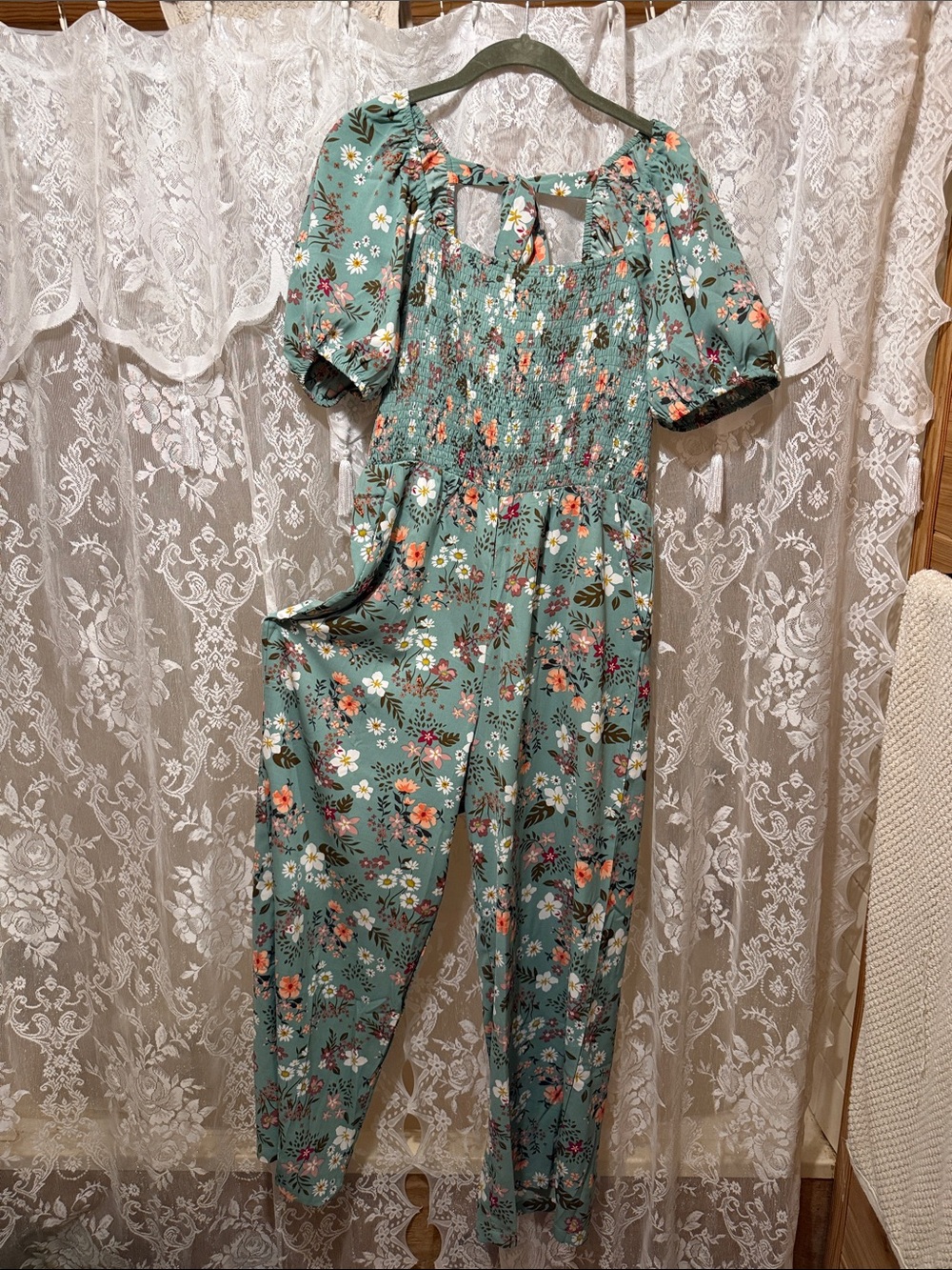 Smocked Floral Jumpsuit in Mint Green